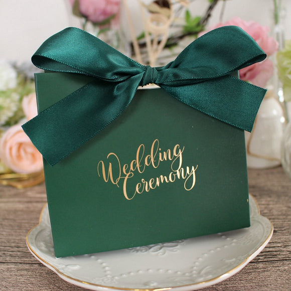 10pcs/lot Small Dark Green Wedding Candy Box With Ribbon Wedding Ceremony Party Decoration Favor Pink Red Gifts Box