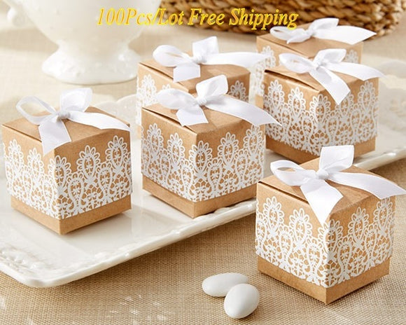 (100 Pieces/lot) Wedding candy box favor Rustic and Lace Kraft Favor Box with Lace design Wedding Party Favor boxes Gift box