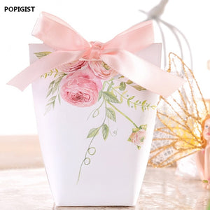 100pcs Wedding Favors Upscale Candy Boxes White/pink flowers gift box Party Chocolate Box + ribbon three designs