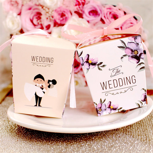 20pcs/lot Bride and Groom Printed Wedding Decoration Candy Box With Pink Color Ribbon Sweet Party Favor Gift Box