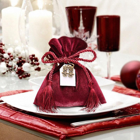 10pcs China Wedding Velvet Gift Bags for Guests Red Pink Chinese Wedding Accessories Bags Candy Bar Conos De Papel De La Boda