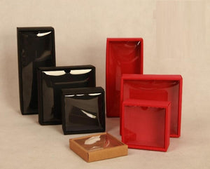 11*11*2.5cm kraft paper gift box with transparent pvc window stock earring /necklace jewelry box