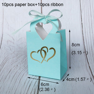 10pcs Mini Paper Bags with Ribbon Hot Stamping Heart Shape Candy Boxes Cookie Bags with Handle Gift Boxes Wedding Party Decor